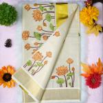 Traditional kerala handloom saree - lotus embroidery