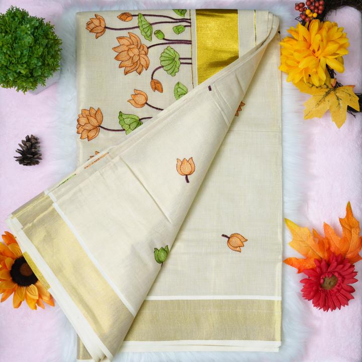 Traditional kerala handloom saree - lotus embroidery