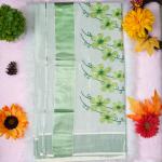 Traditional kerala handloom green tissue saree - floral embroidery