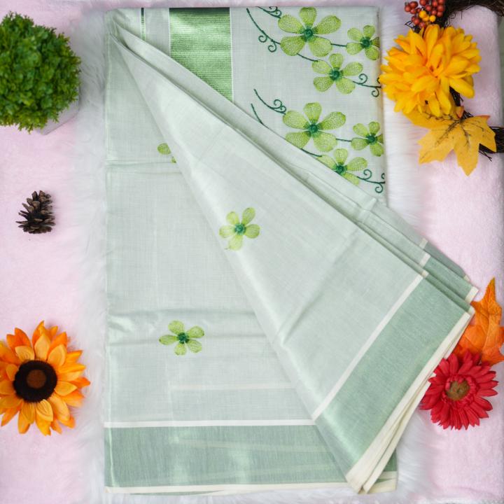 Traditional kerala handloom green tissue saree - floral embroidery