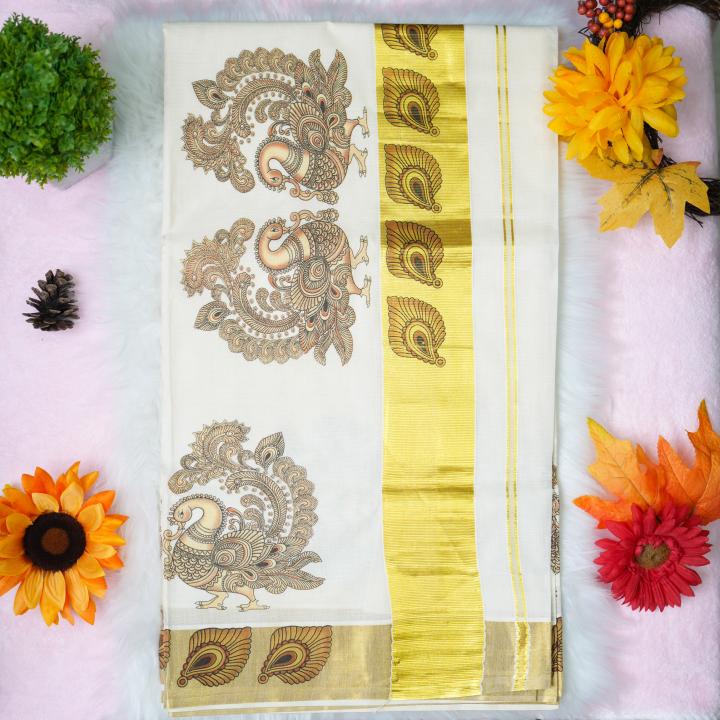 Handloom set saree with golden boarder - Mayoori