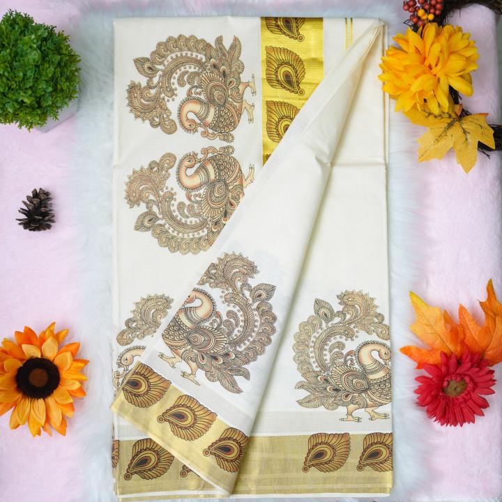 Handloom set saree with golden boarder - Mayoori