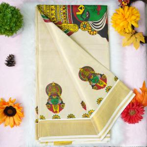 Traditional kerala handloom tissue saree - Printed kathakali whole pallu design