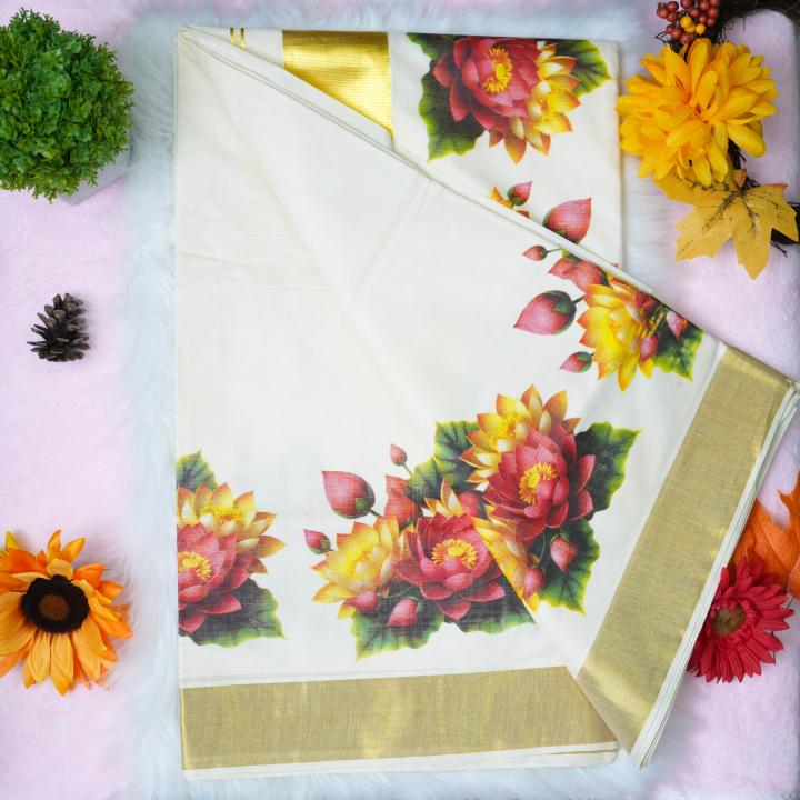 Traditional kerala handloom saree - Printed floral design