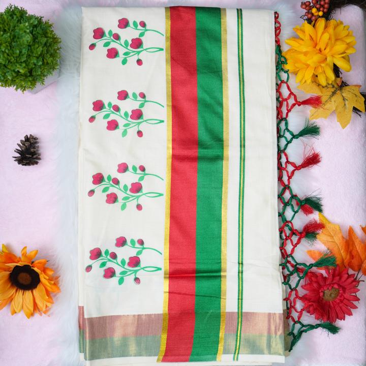 Traditional kerala handloom saree - Printed floral design