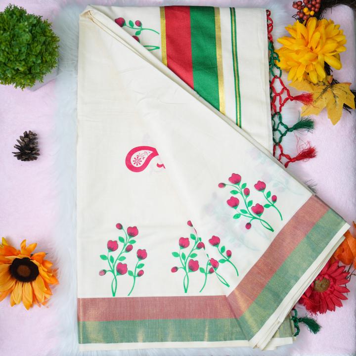 Traditional kerala handloom saree - Printed floral design
