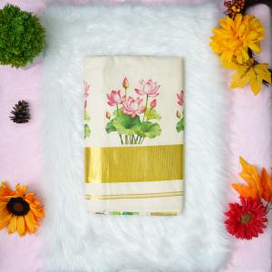 Traditional kerala handloom saree - Printed lotus floral design