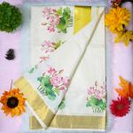 Traditional kerala handloom saree - Printed lotus floral design