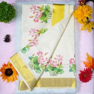 Traditional kerala handloom saree - Printed lotus floral design