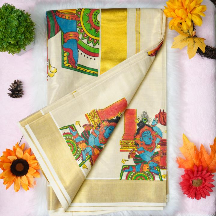 Traditional kerala handloom tissue saree - Printed krishna whole pallu design