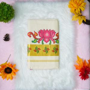Traditional kerala handloom set saree - Printed lotus floral design