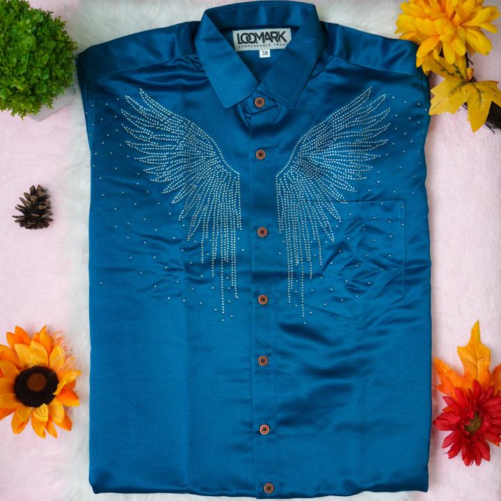 Size 38 - Premium stone work design full sleeve blue shirt with matching dhoti for men