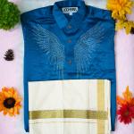Size 38 - Premium stone work design full sleeve blue shirt with matching dhoti for men