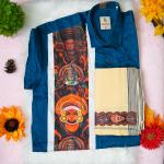 Traditional arts printed half sleeve greenish blue shirt with matching dhoti for men - size XXL