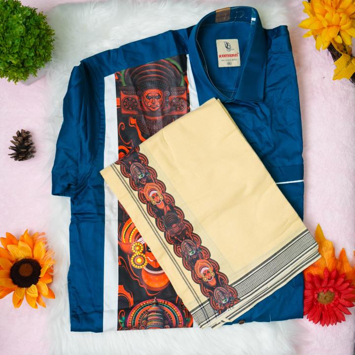 Traditional arts printed half sleeve greenish blue shirt with matching dhoti for men - size XXL