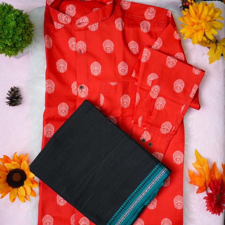 Kathakali printed full sleeve red shirt with matching dhoti for men - Size Large