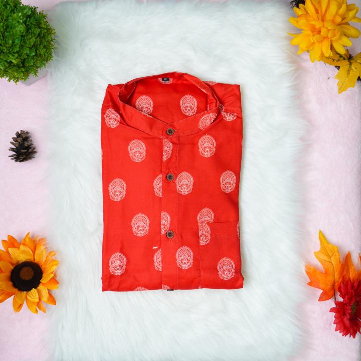 Kathakali printed full sleeve red shirt with matching dhoti for men - Size XL