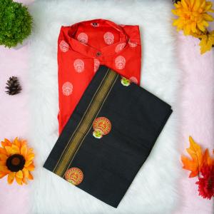 Kathakali printed full sleeve red shirt with matching dhoti for men - Size XL
