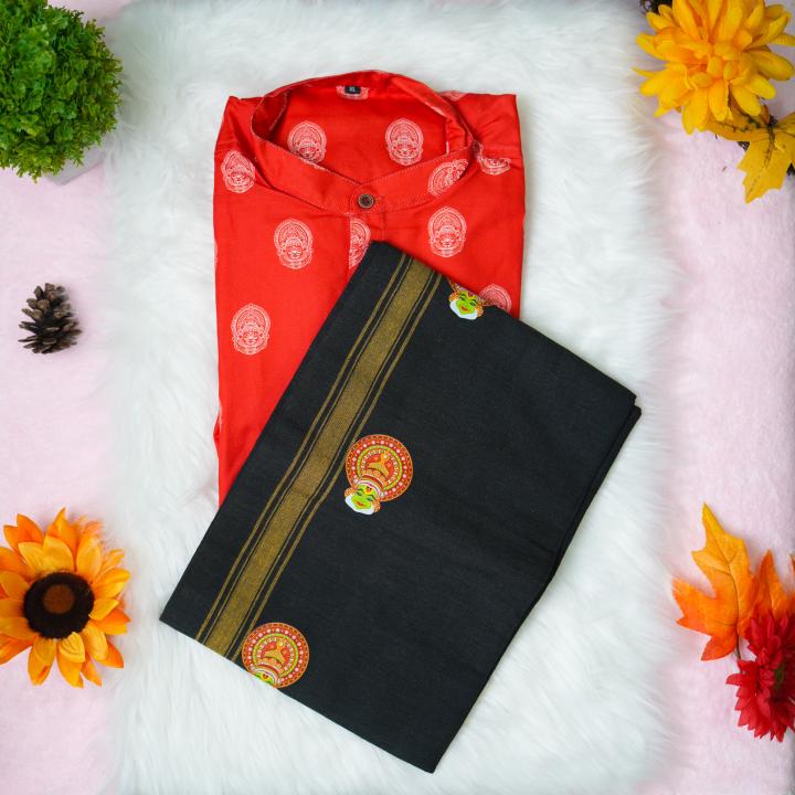 Kathakali printed full sleeve red shirt with matching dhoti for men - Size XL