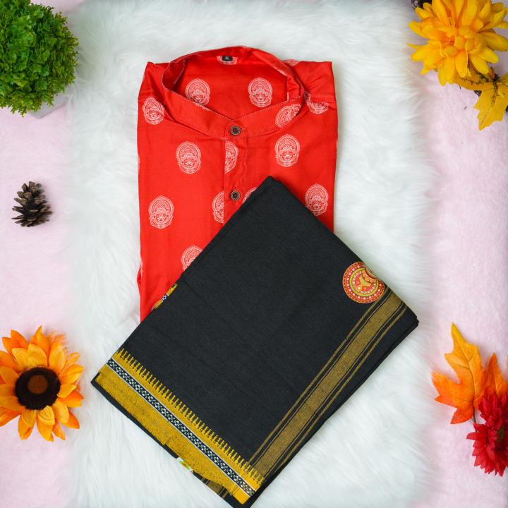 Kathakali printed full sleeve red shirt with matching dhoti for men - Size XL