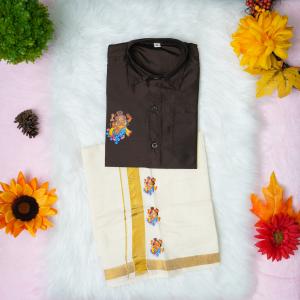 5 yr old - Kids traditional kerala printed silk shirt with matching printed velcro dhoti