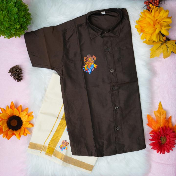 5 yr old - Kids traditional kerala printed silk shirt with matching printed velcro dhoti