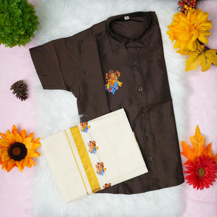 5 yr old - Kids traditional kerala printed silk shirt with matching printed velcro dhoti