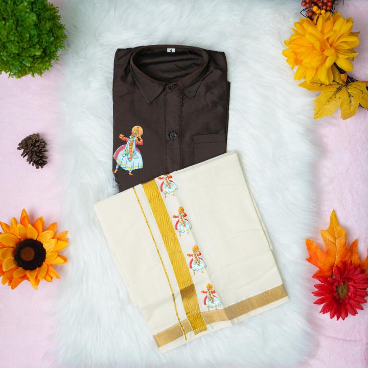 4 yr old - Kids traditional kerala printed silk shirt with matching printed velcro dhoti