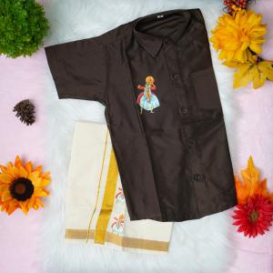 4 yr old - Kids traditional kerala printed silk shirt with matching printed velcro dhoti
