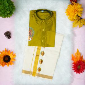 5 yr old - Kids traditional kerala printed silk shirt with matching printed velcro dhoti