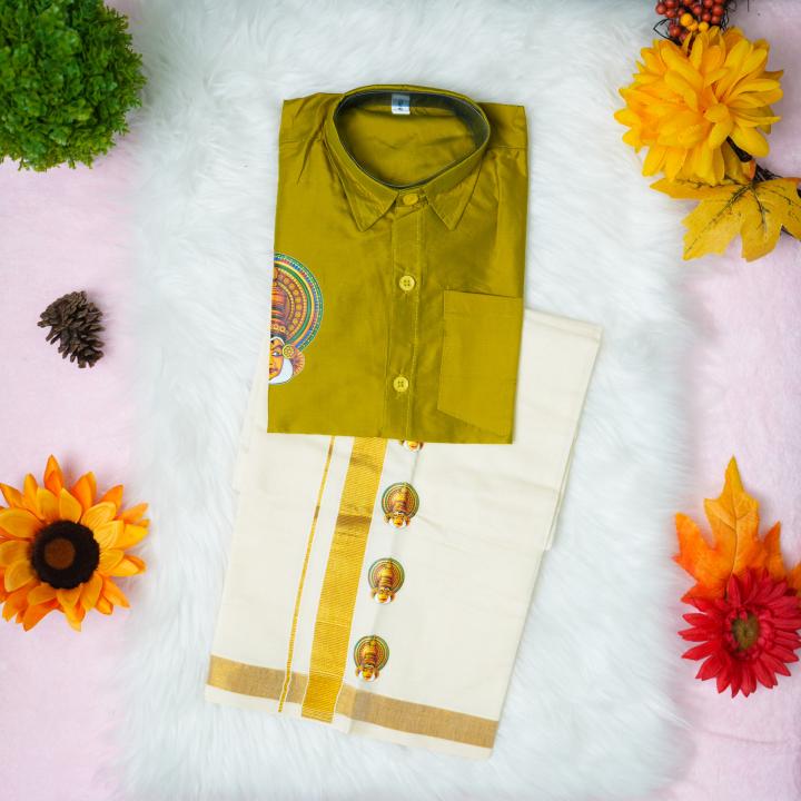 5 yr old - Kids traditional kerala printed silk shirt with matching printed velcro dhoti