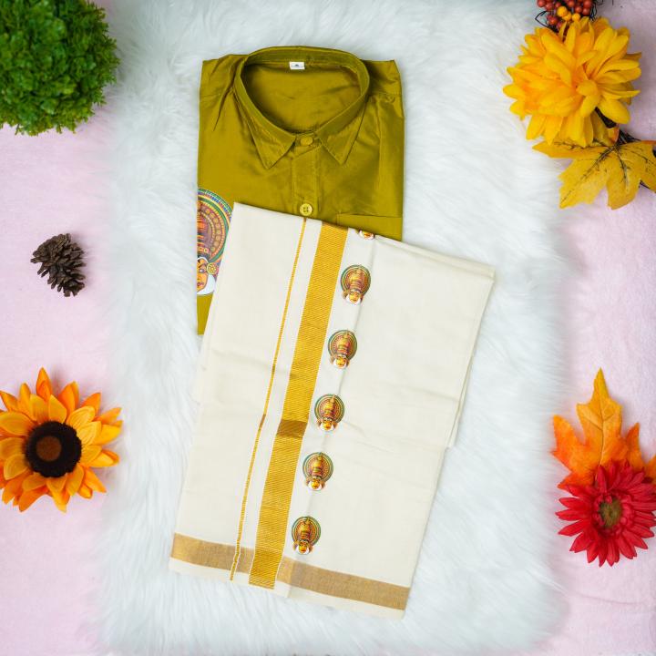 5 yr old - Kids traditional kerala printed silk shirt with matching printed velcro dhoti