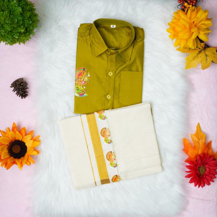 6 yr old - Kids traditional kerala printed silk shirt with matching printed velcro dhoti
