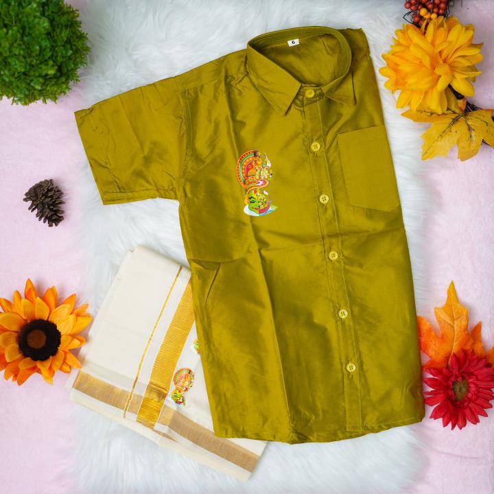 6 yr old - Kids traditional kerala printed silk shirt with matching printed velcro dhoti