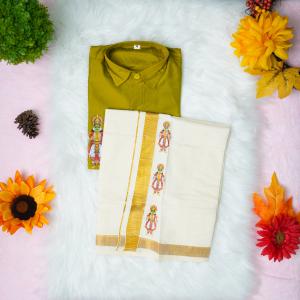5 yr old - Kids traditional kerala printed silk shirt with matching printed velcro dhoti
