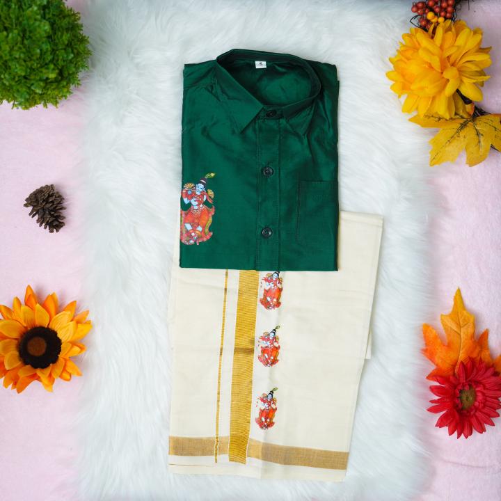 5 yr old - Kids traditional kerala printed silk shirt with matching printed velcro dhoti