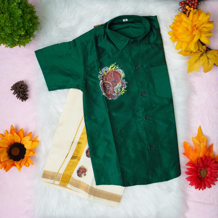 4 yr old - Kids traditional kerala printed silk shirt with matching printed velcro dhoti