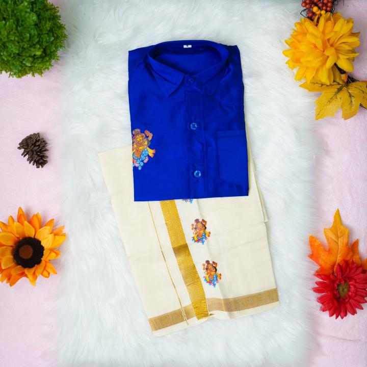 4 yr old - Kids traditional kerala printed silk shirt with matching printed velcro dhoti