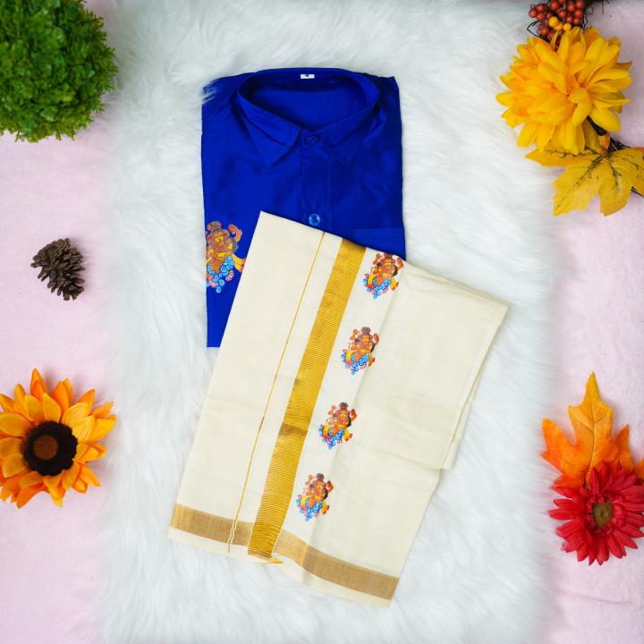 4 yr old - Kids traditional kerala printed silk shirt with matching printed velcro dhoti