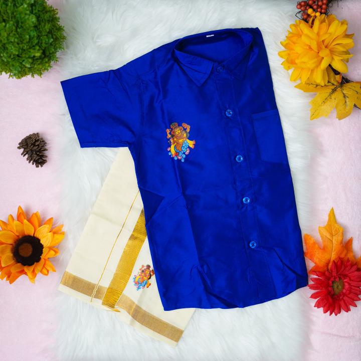 4 yr old - Kids traditional kerala printed silk shirt with matching printed velcro dhoti