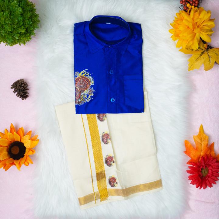 6 yr old - Kids traditional kerala printed silk shirt with matching printed velcro dhoti