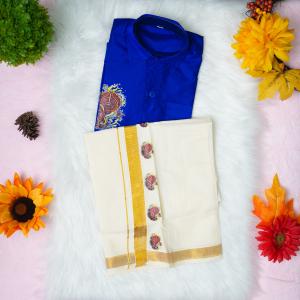 6 yr old - Kids traditional kerala printed silk shirt with matching printed velcro dhoti