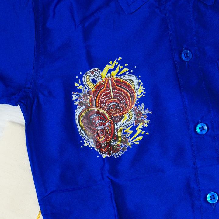 6 yr old - Kids traditional kerala printed silk shirt with matching printed velcro dhoti
