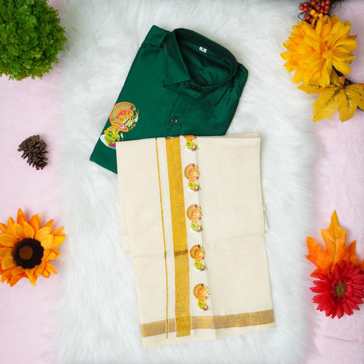 5 yr old - Kids traditional kerala printed silk shirt with matching printed velcro dhoti